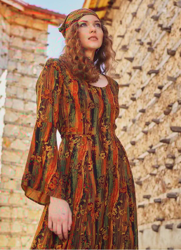Spanish Sleeve Printed Orange Maxi Dress
